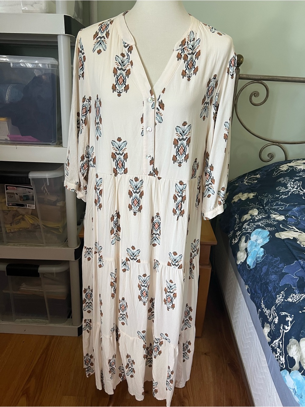 Figueroa & Flower Women's Large Cream Floral Boho Tiered Midi Dress